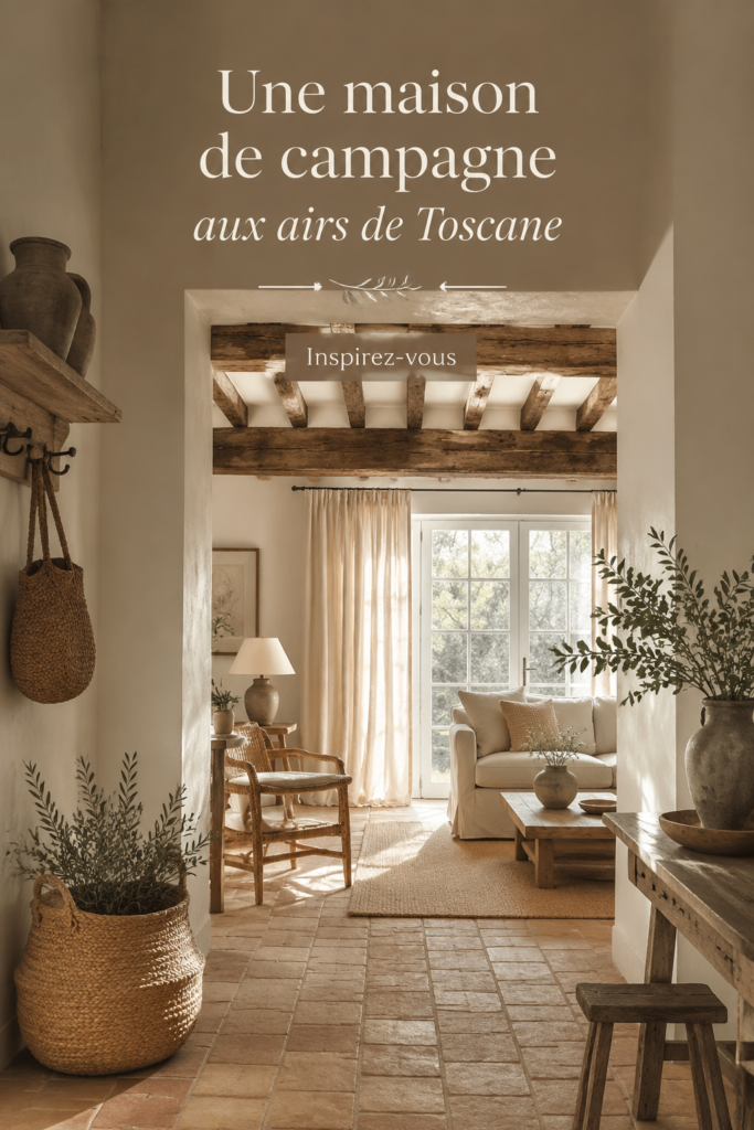 Maison de campagne décorée dans le style toscan, avec des éléments naturels et chaleureux.