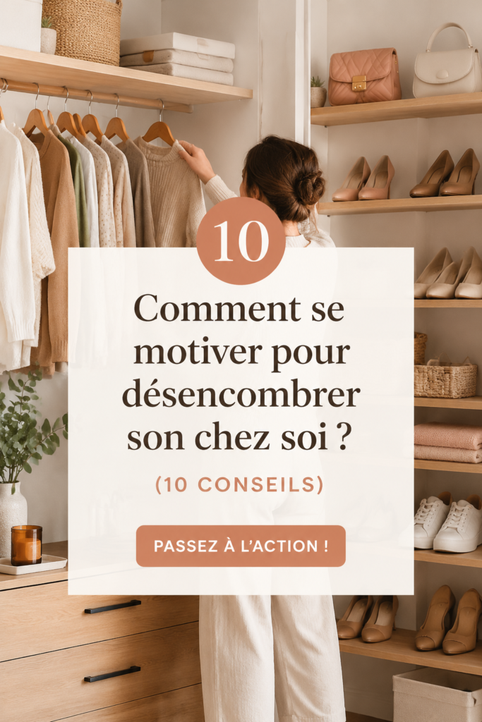 Une femme désencombrant son salon avec des objets sur une table.