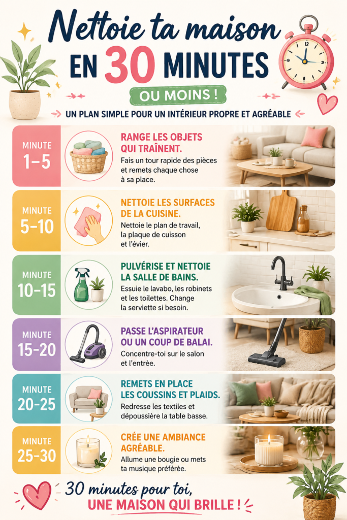 Vue d'un salon propre et bien rangé, illustrant une routine de nettoyage rapide et efficace.