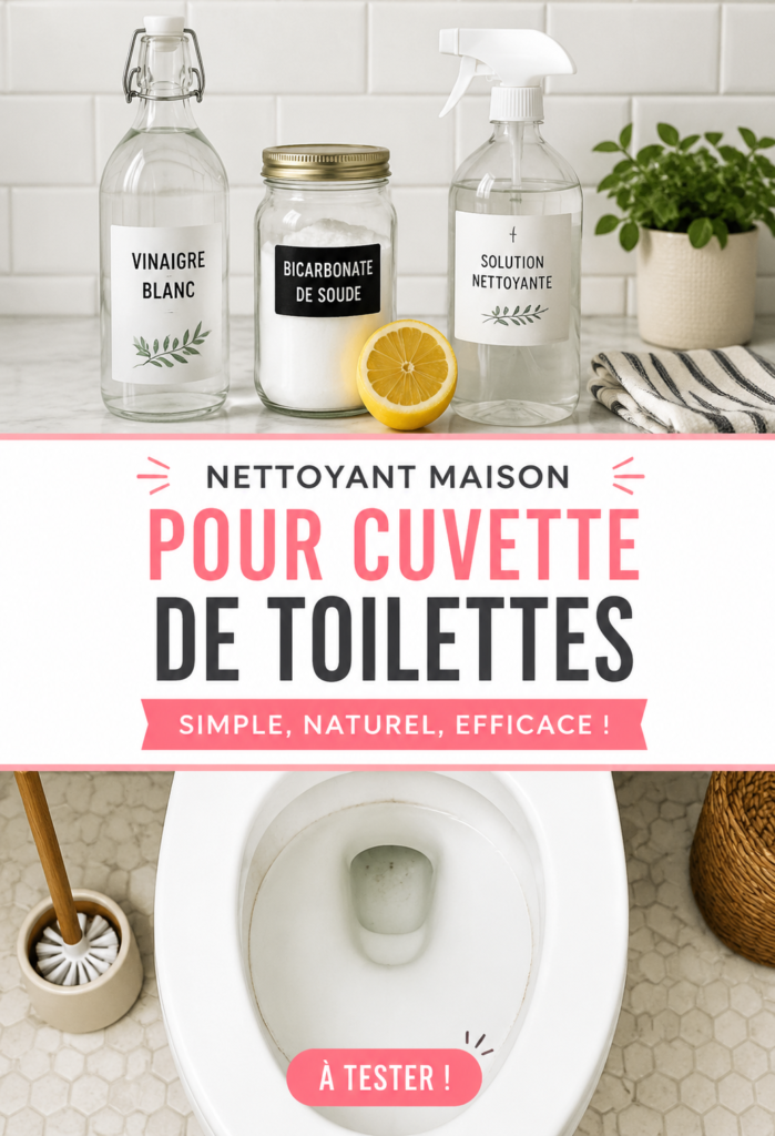 Nettoyant fait maison pour cuvette avec ingrédients naturels sur une table en bois.