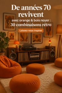 Un salon chaleureux avec des accents orange et des meubles en noyer, illustrant le style rétro des années 70