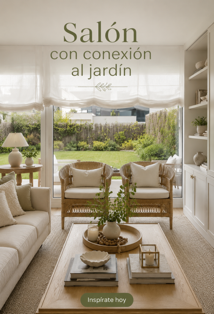 Un salon lumineux qui s'ouvre sur un jardin fleuri