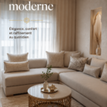 Un salon marocain moderne avec des couleurs chaleureuses et des motifs traditionnels