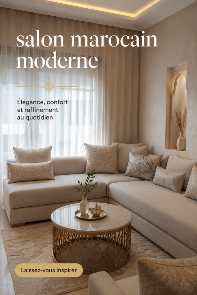 Un salon marocain moderne avec des couleurs chaleureuses et des motifs traditionnels