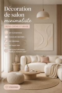 Un salon minimaliste décoré avec des nuances de rose crème et beige, avec des éléments d'art scandinave.