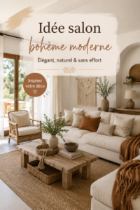 Salon moderne avec des touches bohèmes et chaleureuses