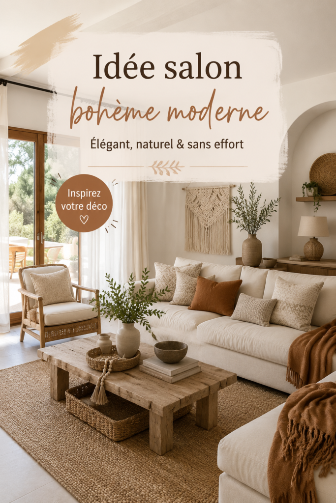 Salon moderne avec des touches bohèmes et chaleureuses