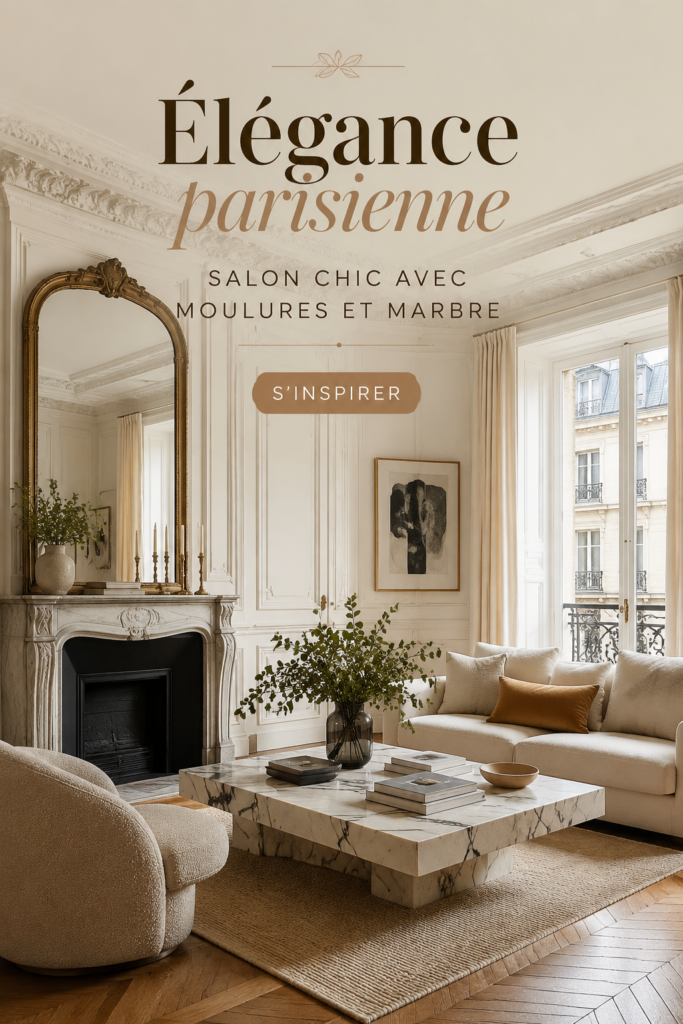 Un salon élégant à la parisienne avec des moulures blanches et un sol en marbre