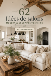 Salon moderne inspiré du style farmhouse avec des couleurs neutres et des éléments de design chaleureux.