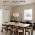 Table à manger rectangulaire Sirvon en ciment et bois d'acacia dans un intérieur moderne