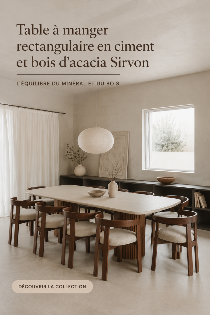 Table à manger rectangulaire Sirvon en ciment et bois d'acacia dans un intérieur moderne