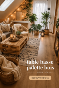 Table basse en palette de bois agrémentée de décorations modernes.