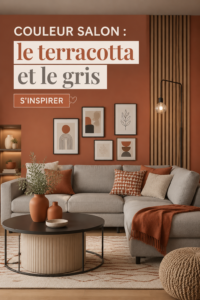 Salon moderne décoré avec des murs terracotta et des meubles gris