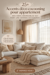 Un salon accueillant avec des accents déco cosy et chaleureux.