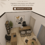 Bureau aménagé de manière chaleureuse et pratique avec des éléments décoratifs inspirants.