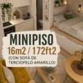 Aménagement d'un minipiso de 16 m² avec un canapé en velours jaune et des accessoires décoratifs.