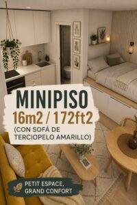 Aménagement d'un minipiso de 16 m² avec un canapé en velours jaune et des accessoires décoratifs.