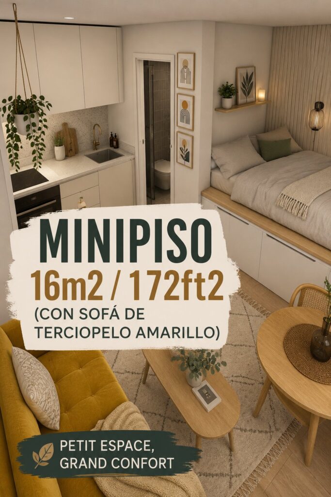 Aménagement d'un minipiso de 16 m² avec un canapé en velours jaune et des accessoires décoratifs.