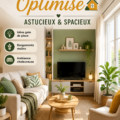 Un petit salon chaleureux, optimisé avec des meubles fonctionnels et décoration douce.