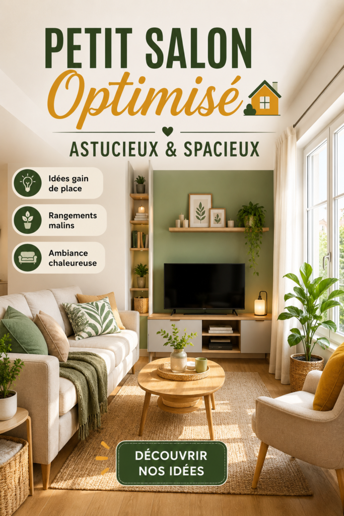 Un petit salon chaleureux, optimisé avec des meubles fonctionnels et décoration douce.