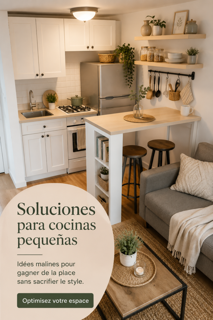 Une petite cuisine moderne et bien aménagée avec des rangements pratiques et des couleurs claires
