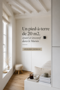 Pied-à-terre moderne et épuré de 20 m2 dans le Marais, décoré avec des couleurs chaleureuses.