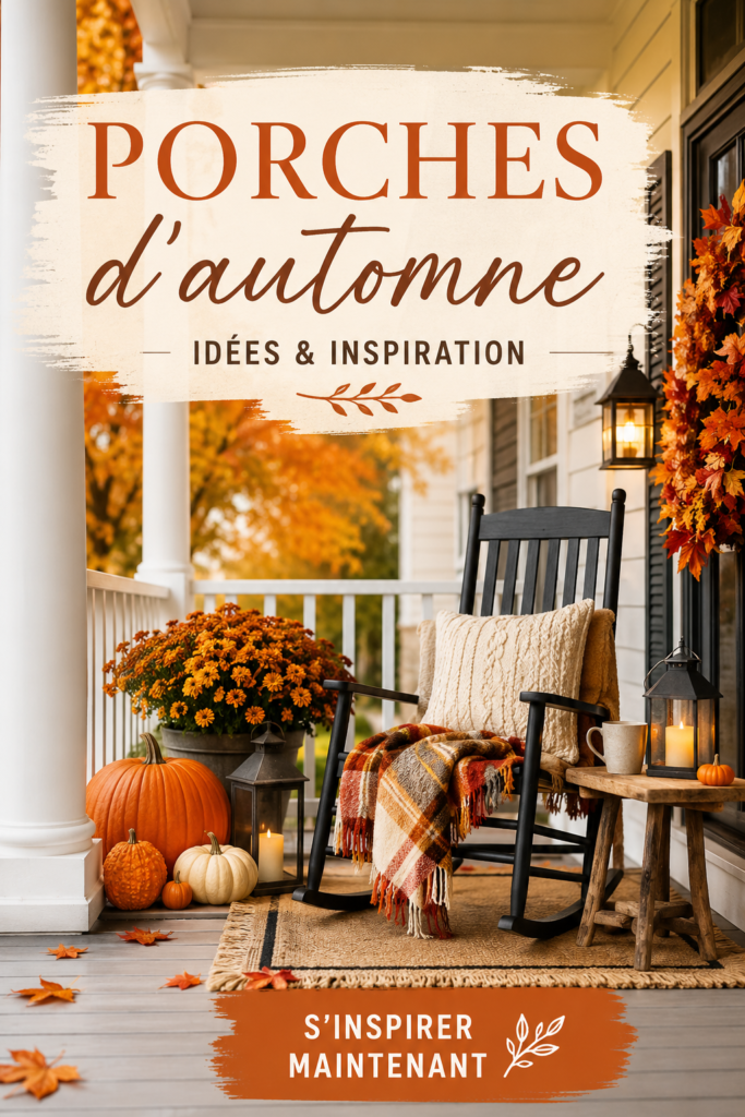 Un élégant porche décoré pour l'automne avec des coussins et des plantes.