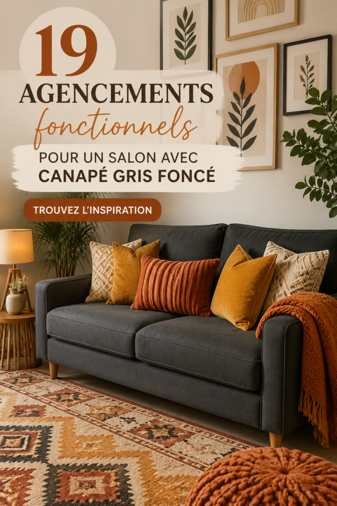 Un salon chaleureux avec un canapé gris foncé et des accessoires colorés
