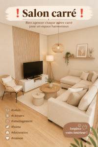 Salon carré aménagé de manière chaleureuse avec des meubles fonctionnels