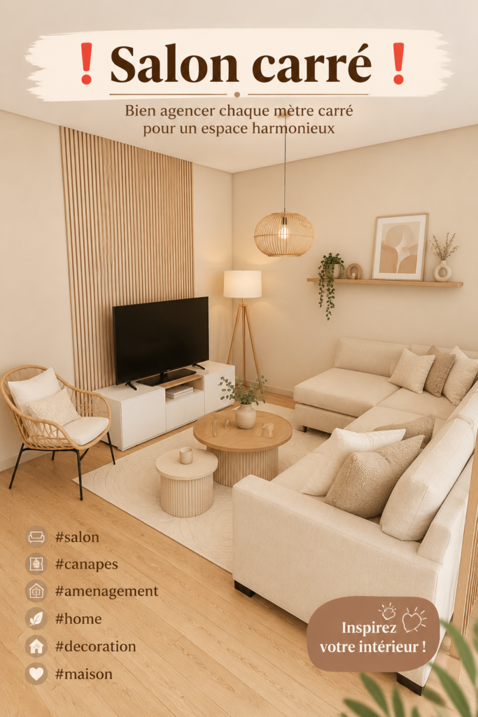 Salon carré aménagé de manière chaleureuse avec des meubles fonctionnels
