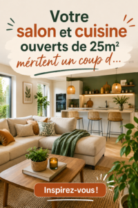 Salon et cuisine ouverts de 25m² bien aménagés avec un style contemporain.