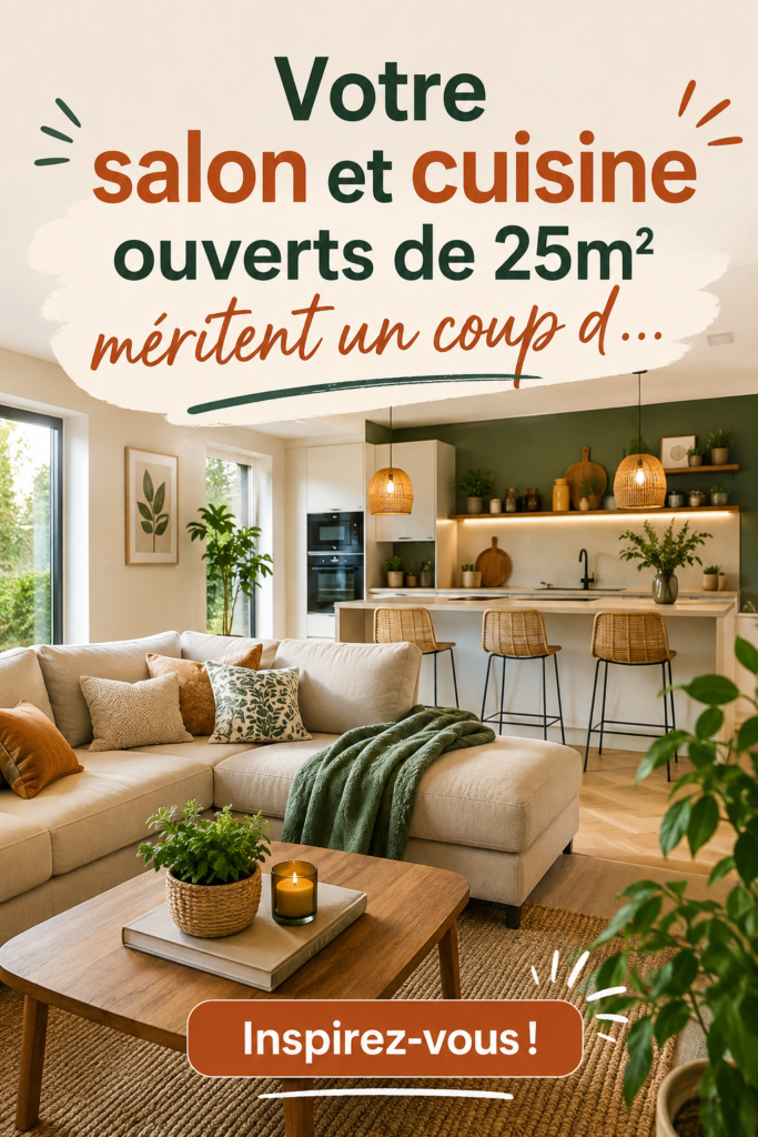 Salon et cuisine ouverts de 25m² bien aménagés avec un style contemporain.