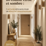 Aménagement d'un couloir étroit avec des couleurs claires et un éclairage chaleureux.
