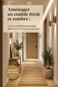 Aménagement d'un couloir étroit avec des couleurs claires et un éclairage chaleureux.