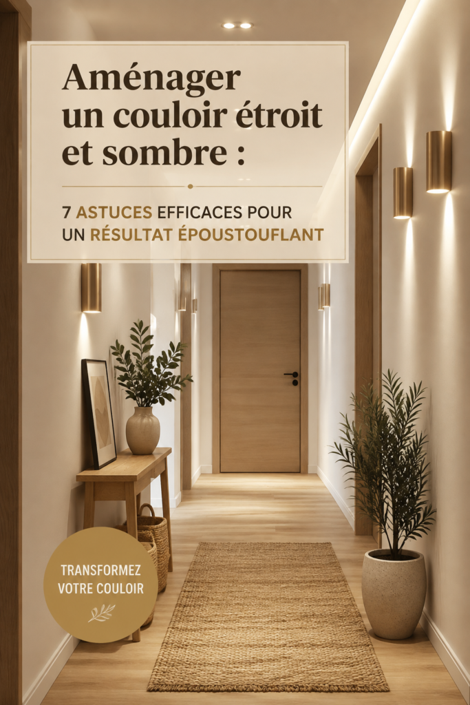 Aménagement d'un couloir étroit avec des couleurs claires et un éclairage chaleureux.