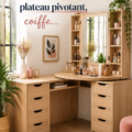 Bureau d'angle moderne avec tiroirs dans un salon chaleureux.