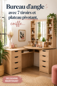 Bureau d'angle moderne avec tiroirs dans un salon chaleureux.