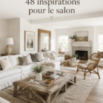 Un salon élégant décoré dans un style campagne chic, mettant en avant des éléments naturels et chaleureux.