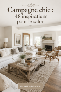 Un salon élégant décoré dans un style campagne chic, mettant en avant des éléments naturels et chaleureux.