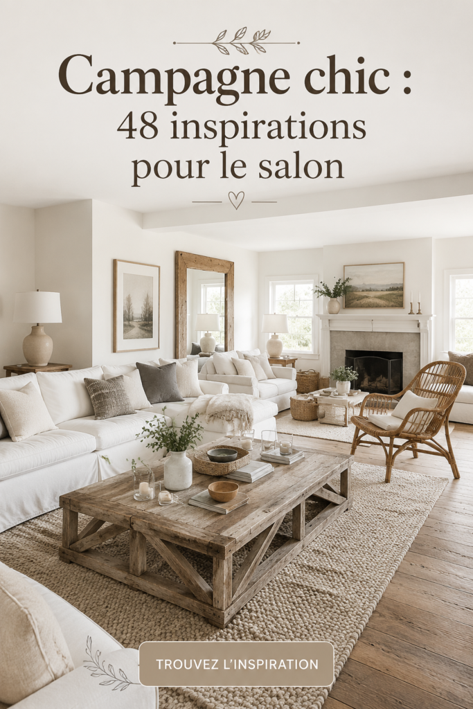 Un salon élégant décoré dans un style campagne chic, mettant en avant des éléments naturels et chaleureux.