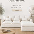Canapé d'angle déhoussable en lin épais dans un salon décoré chaleureusement.