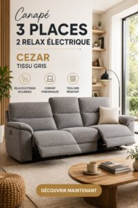 Canapé Cezar en tissu gris, 3 places avec fonction relax électrique dans un salon moderne.