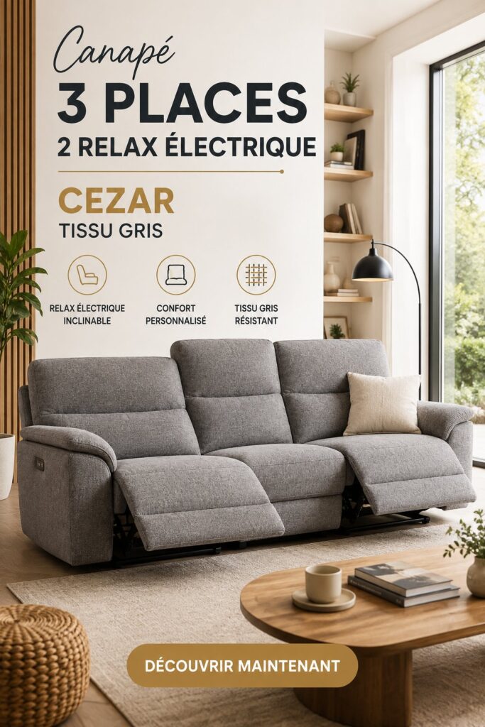 Canapé Cezar en tissu gris, 3 places avec fonction relax électrique dans un salon moderne.