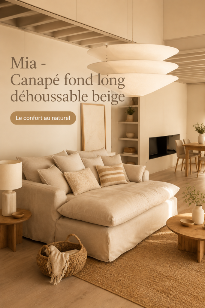 Canapé déhoussable beige avec coussins dans un salon moderne