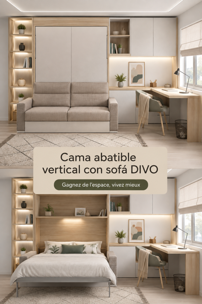 Canapé lit vertical DIVO dans un salon moderne, optimisant l'espace.