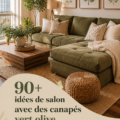 Un salon décoré avec un canapé élégant en vert olive.