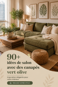 Un salon décoré avec un canapé élégant en vert olive.