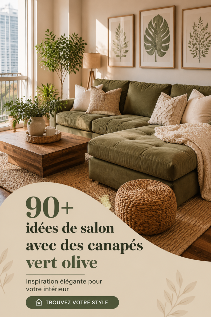 Un salon décoré avec un canapé élégant en vert olive.