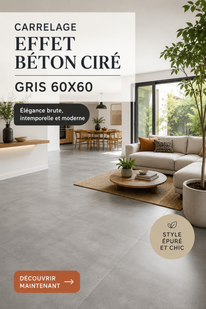 Salon moderne avec carrelage effet béton ciré gris 60x60, apportant une ambiance chaleureuse et contemporaine.