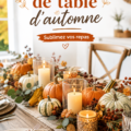 Un beau centre de table d'automne décoré avec des citrouilles et des feuilles colorées.